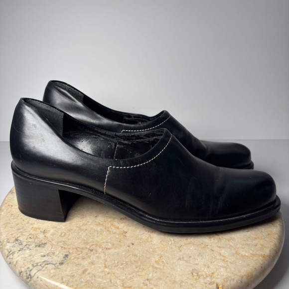 Franco Sarto Shoes - Franco Sarto Womens Black Leather Chunky Block Heel Loafer‎ Pumps 8M READ